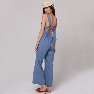 Knot Sisters Linen Blend Wide Leg Lana Jumpsuit Muted Blue S | Open Tie Back